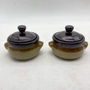 VTG French Onion Soup Crocks Lot of 2 Bean Pot‎ Bowl Stew Brown Handle Stoneware